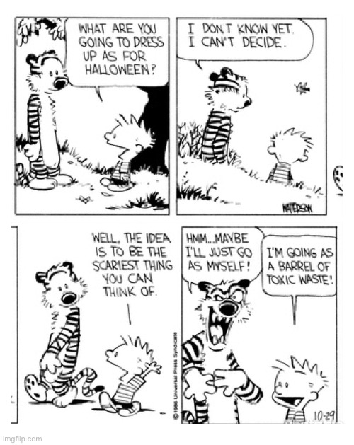 The look on Hobbes’s face (!)… | image tagged in calvin and hobbes,comics,halloween,costume choices,scary | made w/ Imgflip meme maker