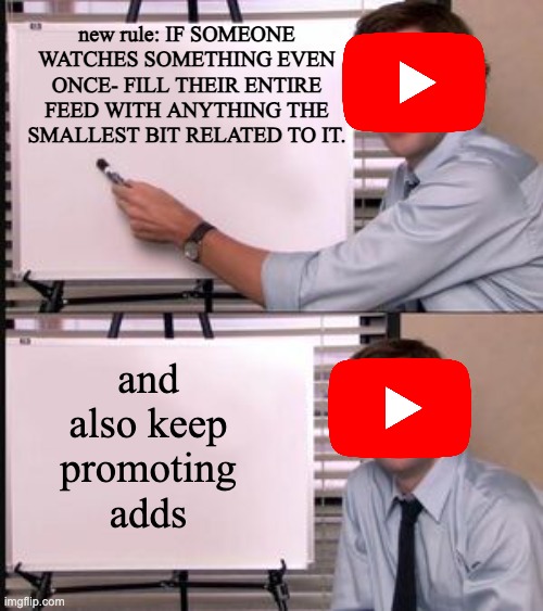 The Office guy pointing to white board | new rule: IF SOMEONE WATCHES SOMETHING EVEN ONCE- FILL THEIR ENTIRE FEED WITH ANYTHING THE SMALLEST BIT RELATED TO IT. and also keep promoting adds | image tagged in the office guy pointing to white board | made w/ Imgflip meme maker
