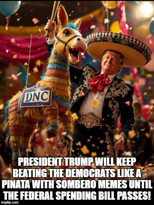 Beating Democrats like a pinata with sombrero memes until the spending bill passes! | PRESIDENT TRUMP WILL KEEP BEATING THE DEMOCRATS LIKE A PINATA WITH SOMBERO MEMES UNTIL THE FEDERAL SPENDING BILL PASSES! | image tagged in beating a dead horse | made w/ Imgflip meme maker