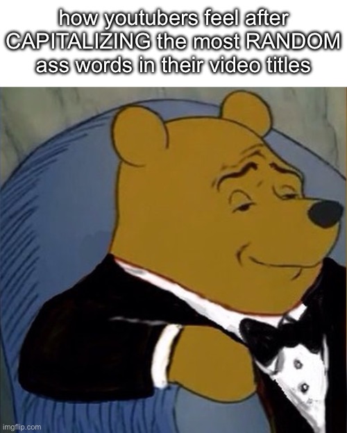 Fancy Pooh | how youtubers feel after CAPITALIZING the most RANDOM ass words in their video titles | image tagged in fancy pooh | made w/ Imgflip meme maker