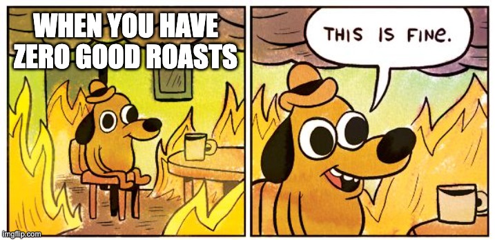This Is Fine | WHEN YOU HAVE ZERO GOOD ROASTS | image tagged in memes,this is fine | made w/ Imgflip meme maker