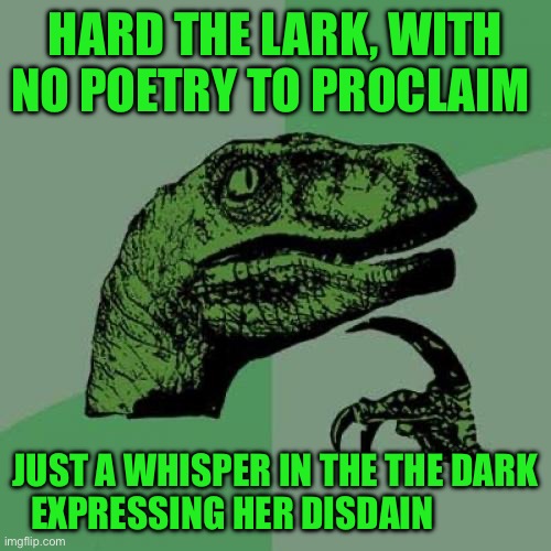 Philosoraptor | HARD THE LARK, WITH NO POETRY TO PROCLAIM; JUST A WHISPER IN THE THE DARK EXPRESSING HER DISDAIN | image tagged in memes,philosoraptor | made w/ Imgflip meme maker