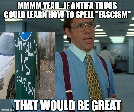 Is That Asking Too Much? | MMMM YEAH...IF ANTIFA THUGS COULD LEARN HOW TO SPELL "FASCISM"; THAT WOULD BE GREAT | image tagged in memes,that would be great,antifa,fascism | made w/ Imgflip meme maker