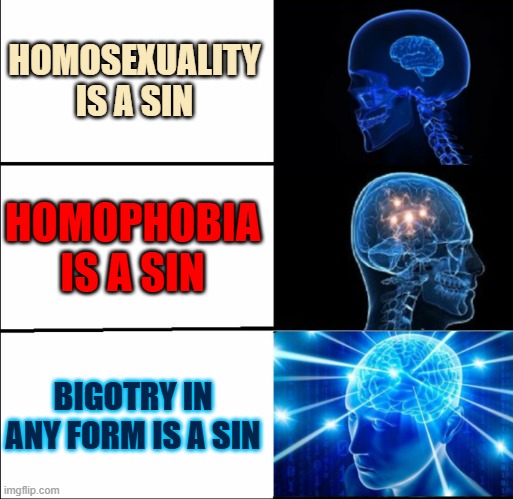 Galaxy Brain (3 brains) | HOMOSEXUALITY IS A SIN; HOMOPHOBIA IS A SIN; BIGOTRY IN ANY FORM IS A SIN | image tagged in galaxy brain 3 brains,homophobia,sin,homosexuality,bigotry,expanding brain | made w/ Imgflip meme maker