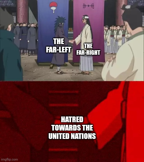 Happy 80th Birthday UN. | THE FAR-RIGHT; THE FAR-LEFT; HATRED TOWARDS THE UNITED NATIONS | image tagged in naruto handshake meme template,united nations,politics,communism,fascism,political memes | made w/ Imgflip meme maker