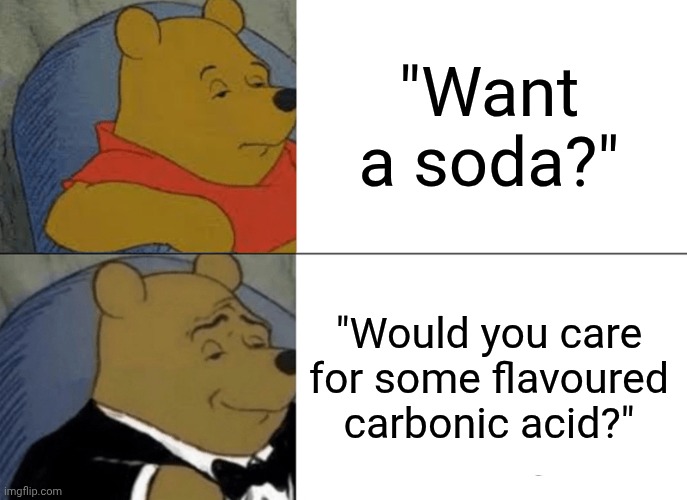 Crazy how we enjoy a bottle of acid every now and then | "Want a soda?"; "Would you care for some flavoured carbonic acid?" | image tagged in memes,tuxedo winnie the pooh,chemistry,science,funny | made w/ Imgflip meme maker