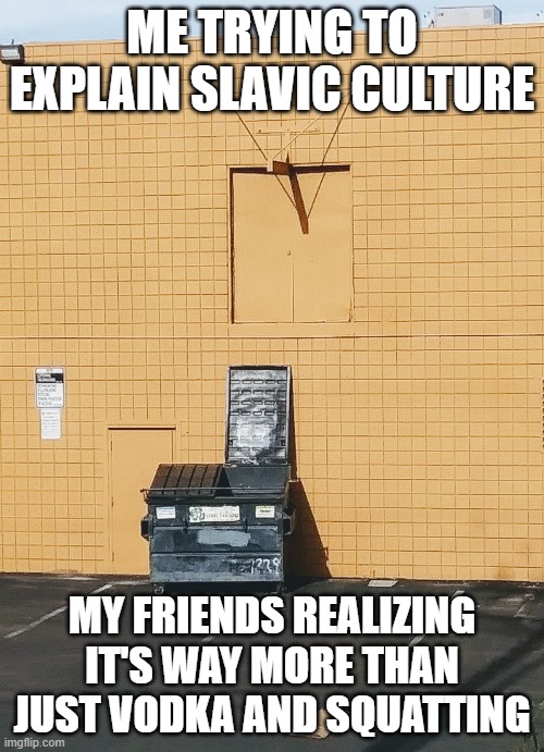 Dumpter | ME TRYING TO EXPLAIN SLAVIC CULTURE; MY FRIENDS REALIZING IT'S WAY MORE THAN JUST VODKA AND SQUATTING | image tagged in dumpter,black lives matter,slavic lives matter | made w/ Imgflip meme maker