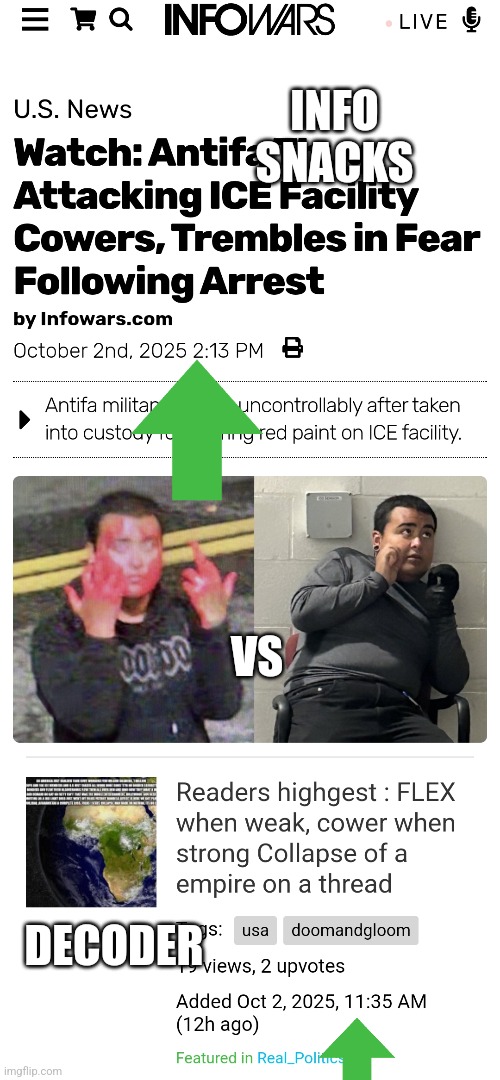 DECODE vs NEWS | INFO SNACKS; VS; DECODER | image tagged in decode,news,wtf | made w/ Imgflip meme maker