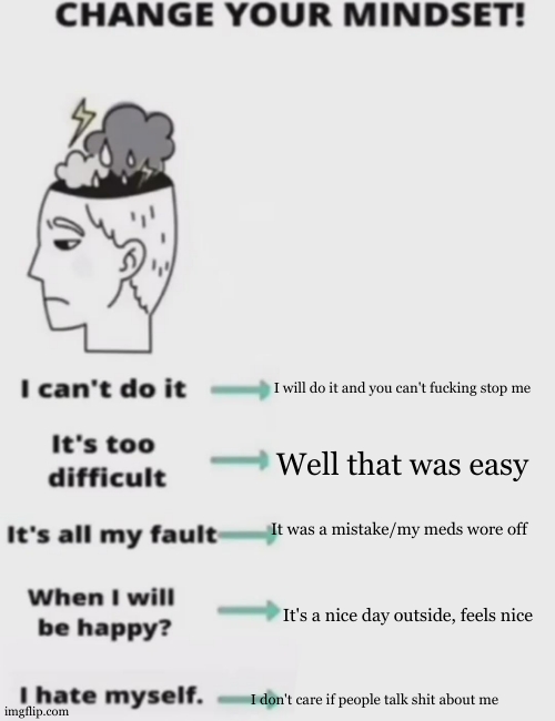CHANGE YOUR MINDSET! | I will do it and you can't fucking stop me Well that was easy It was a mistake/my meds wore off It's a nice day outside, feels nice I don't  | image tagged in change your mindset | made w/ Imgflip meme maker