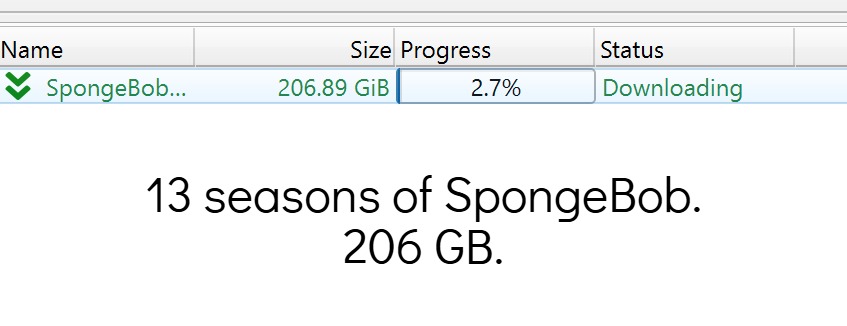 13 seasons of SpongeBob.
206 GB. | made w/ Imgflip meme maker