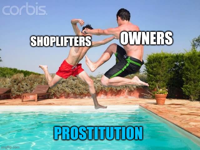 Two Men Fighting Above The Pool | SHOPLIFTERS PROSTITUTION OWNERS | image tagged in two men fighting above the pool | made w/ Imgflip meme maker