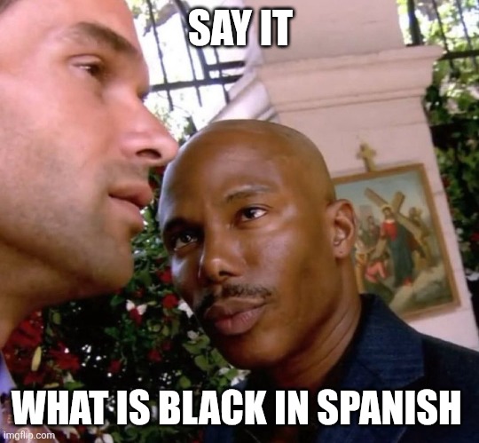 When you cant quite prove it | SAY IT; WHAT IS BLACK IN SPANISH | image tagged in when you cant quite prove it | made w/ Imgflip meme maker