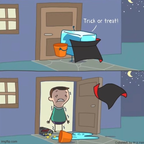 image tagged in ice cube,halloween,trick or treat,melting,water,scared | made w/ Imgflip meme maker
