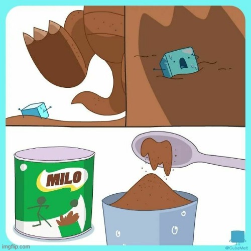 image tagged in ice cube,dinosaur,stomp,drink,powder,milo | made w/ Imgflip meme maker