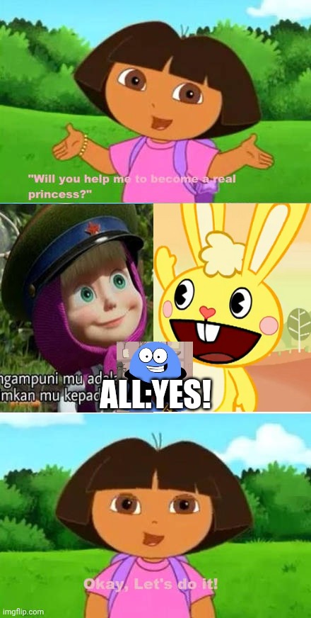 Masha cuddles and bloo says yes to dora Blank Meme Template