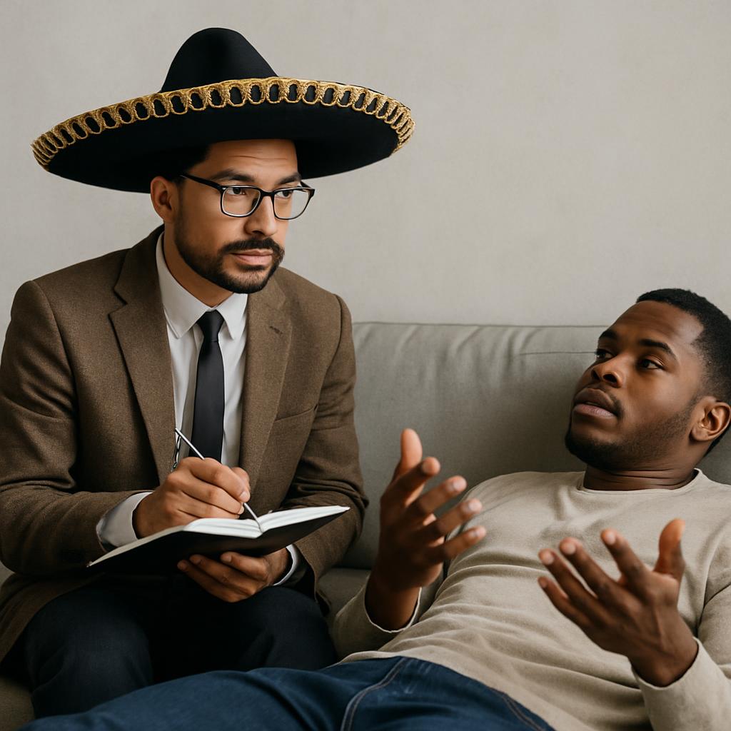Mexican psychologist wearing sombrero with patient Blank Meme Template