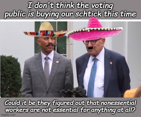 Why won't Americans let us keep spending money that doesn't exist? What's a few more trillions of dollars? | I don't think the voting public is buying our schtick this time; Could it be they figured out that nonessential workers are not essential for anything at all? | image tagged in shutdown | made w/ Imgflip meme maker