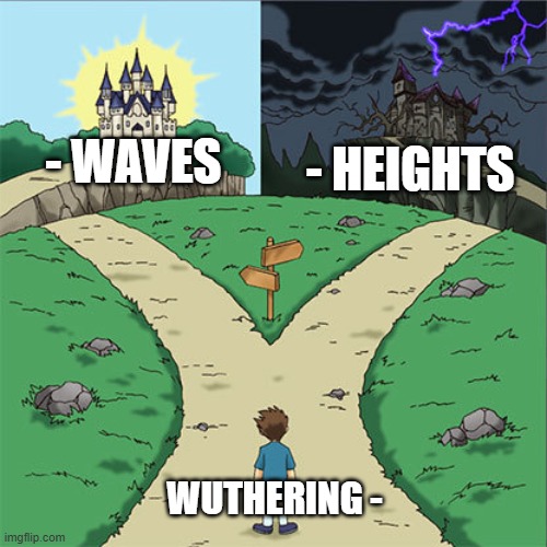 Two Paths | - WAVES; - HEIGHTS; WUTHERING - | image tagged in two paths | made w/ Imgflip meme maker