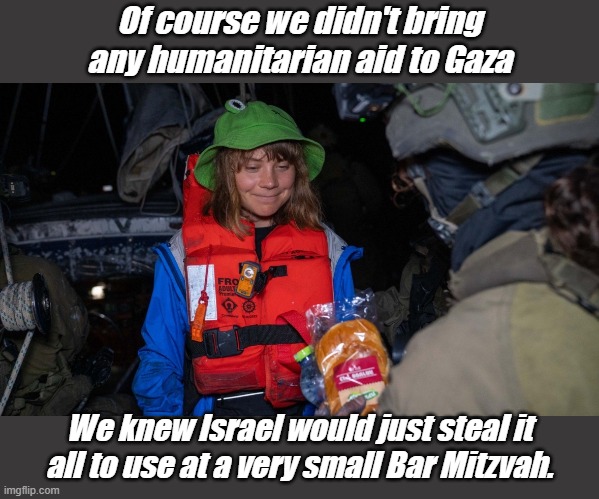 And Hamas would probably kill our Pro-Palestinian LGBTQ protesters... | Of course we didn't bring any humanitarian aid to Gaza; We knew Israel would just steal it all to use at a very small Bar Mitzvah. | image tagged in greta flotilla | made w/ Imgflip meme maker