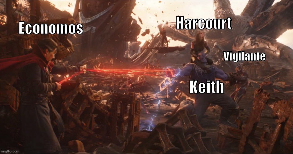 That mansion fight in episode 7 of Season 2 felt a bit too similar. | Harcourt; Economos; Vigilante; Keith | image tagged in marvel cinematic universe,hbo max | made w/ Imgflip meme maker