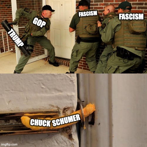 were in trouble | FASCISM; FASCISM; GOP; TRUMP; SCHUMER; CHUCK | image tagged in breaking down door | made w/ Imgflip meme maker