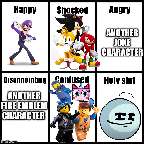 Smash bros | ANOTHER JOKE CHARACTER; ANOTHER FIRE EMBLEM CHARACTER | image tagged in smash dlc reactions chart | made w/ Imgflip meme maker