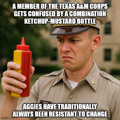 Texas Aggie Confused by Combination Ketchup-Mustard Bottle | A MEMBER OF THE TEXAS A&M CORPS
GETS CONFUSED BY A COMBINATION
KETCHUP-MUSTARD BOTTLE; AGGIES HAVE TRADITIONALLY
ALWAYS BEEN RESISTANT TO CHANGE | image tagged in texas,aggie,confused,ketchup,mustard | made w/ Imgflip meme maker