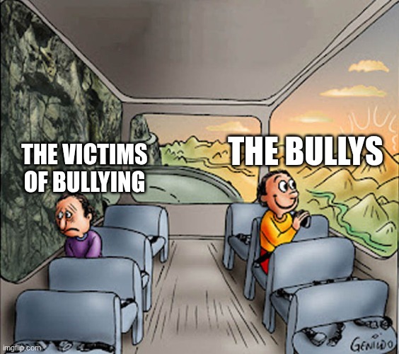 Two guys on a bus | THE BULLYS; THE VICTIMS OF BULLYING | image tagged in two guys on a bus | made w/ Imgflip meme maker