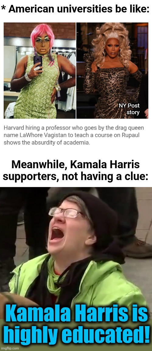 She's "highly educated," and it shows | * American universities be like:; NY Post
story; Meanwhile, Kamala Harris
supporters, not having a clue:; Kamala Harris is
highly educated! | image tagged in crying liberal,memes,universities,drag queen,democrats,kamala harris | made w/ Imgflip meme maker