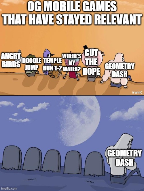 oh how we lost some classics... | OG MOBILE GAMES THAT HAVE STAYED RELEVANT; WHERE'S MY WATER? DOODLE JUMP; ANGRY BIRDS; CUT THE ROPE; GEOMETRY DASH; TEMPLE RUN 1-2; GEOMETRY DASH | image tagged in skips sitting next to graves,memes,nostalgia | made w/ Imgflip meme maker