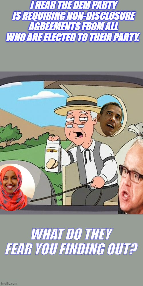Non-disclosure mandatory. | I HEAR THE DEM PARTY IS REQUIRING NON-DISCLOSURE AGREEMENTS FROM ALL WHO ARE ELECTED TO THEIR PARTY. WHAT DO THEY FEAR YOU FINDING OUT? | image tagged in memes,pepperidge farm remembers | made w/ Imgflip meme maker