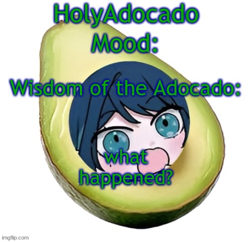 Holy Adocado! | what happened? | image tagged in holy adocado | made w/ Imgflip meme maker