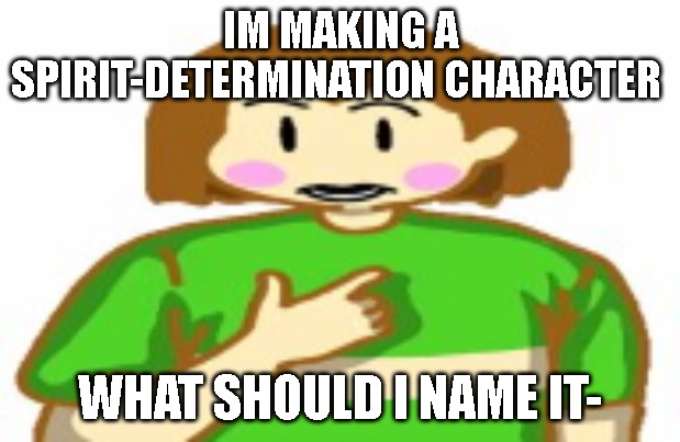 chara funni | IM MAKING A SPIRIT-DETERMINATION CHARACTER; WHAT SHOULD I NAME IT- | image tagged in chara funni | made w/ Imgflip meme maker