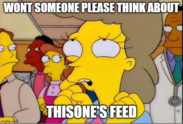 helen lovejoy | WONT SOMEONE PLEASE THINK ABOUT; THISONE'S FEED | image tagged in helen lovejoy | made w/ Imgflip meme maker