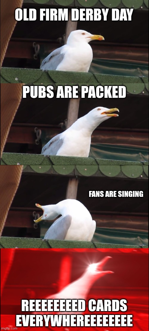 Inhaling Seagull | OLD FIRM DERBY DAY; PUBS ARE PACKED; FANS ARE SINGING; REEEEEEEED CARDS EVERYWHEREEEEEEEE | image tagged in memes,inhaling seagull | made w/ Imgflip meme maker