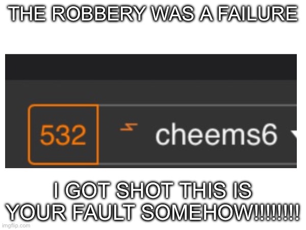 the lore continues…. That kinda hurt | THE ROBBERY WAS A FAILURE; I GOT SHOT THIS IS YOUR FAULT SOMEHOW!!!!!!!! | image tagged in failed robbery october 2025,non life threatening injuries | made w/ Imgflip meme maker