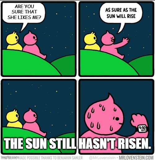Crush. | ARE YOU SURE THAT SHE LIKES ME? THE SUN STILL HASN'T RISEN. | image tagged in as sure as the sun will rise blank | made w/ Imgflip meme maker