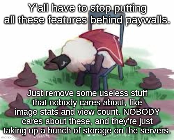 Woe is me. | Y'all have to stop putting all these features behind paywalls. Just remove some useless stuff that nobody cares about, like image stats and view count. NOBODY cares about these, and they're just taking up a bunch of storage on the servers. | image tagged in woe is me | made w/ Imgflip meme maker