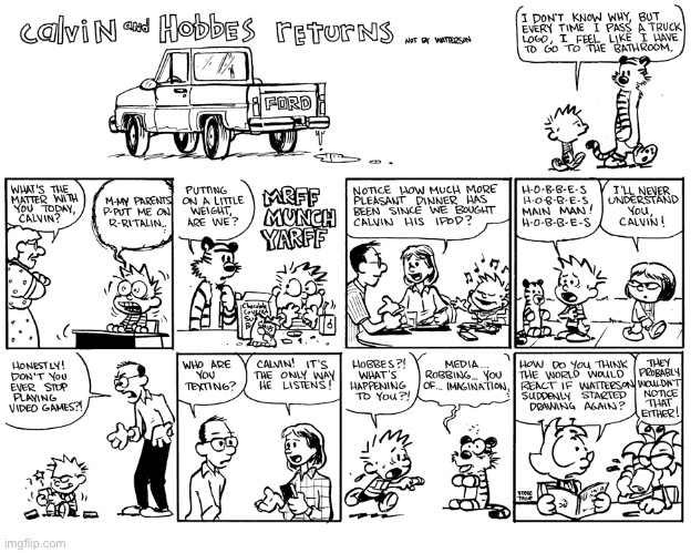 More C & H fan art… what if the boys existed in the modern world? | image tagged in calvin and hobbes,comics,returns,modern day,fan art | made w/ Imgflip meme maker