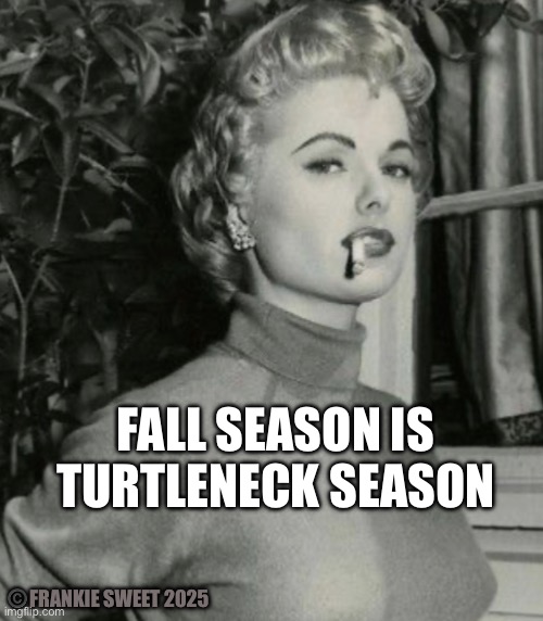 Fall season | FALL SEASON IS TURTLENECK SEASON; ©️FRANKIE SWEET 2025 | image tagged in turtleneck,fashion,vintage,film star,celebrity | made w/ Imgflip meme maker