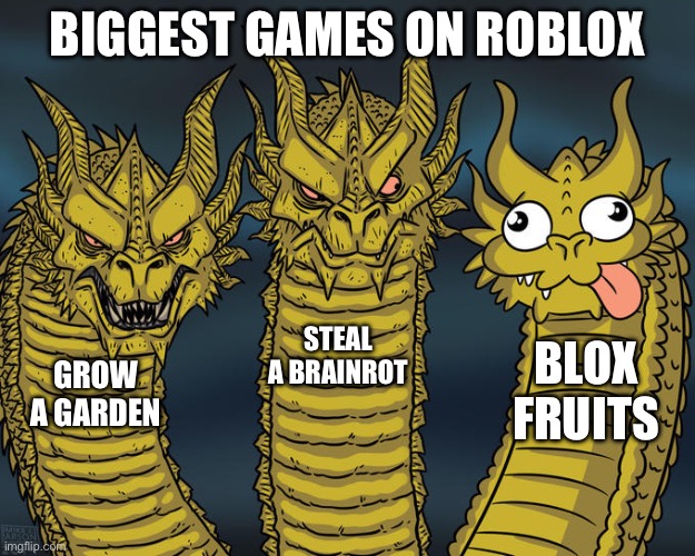 In your opinion what is the biggest game on roblox??? | BIGGEST GAMES ON ROBLOX; STEAL A BRAINROT; BLOX FRUITS; GROW A GARDEN | image tagged in three-headed dragon | made w/ Imgflip meme maker
