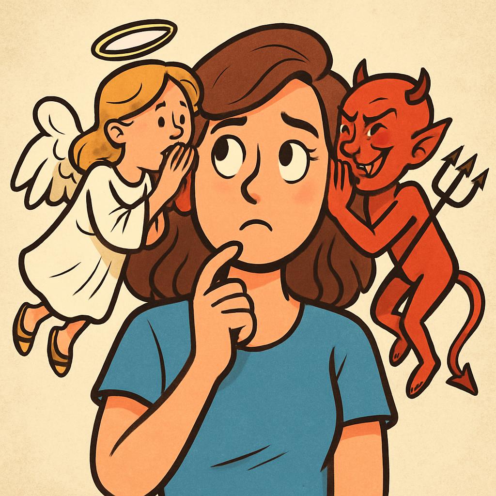 a woman visibly thinking with an angel over one shoulder and a d Blank Meme Template