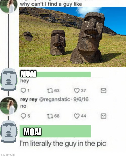 Cringe ahh meme | MOAI; MOAI | image tagged in literally the guy in the pic,moai,easter island | made w/ Imgflip meme maker