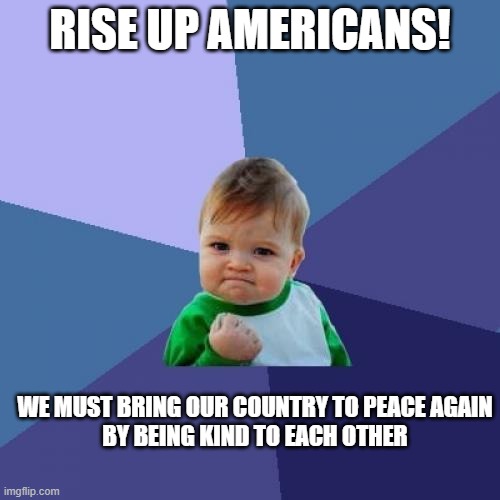 Success Kid | RISE UP AMERICANS! WE MUST BRING OUR COUNTRY TO PEACE AGAIN

BY BEING KIND TO EACH OTHER | image tagged in memes,success kid | made w/ Imgflip meme maker