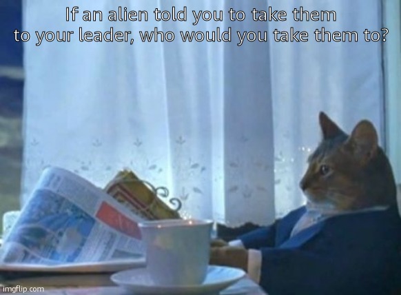 I Should Buy A Boat Cat | If an alien told you to take them to your leader, who would you take them to? | image tagged in memes,i should buy a boat cat | made w/ Imgflip meme maker