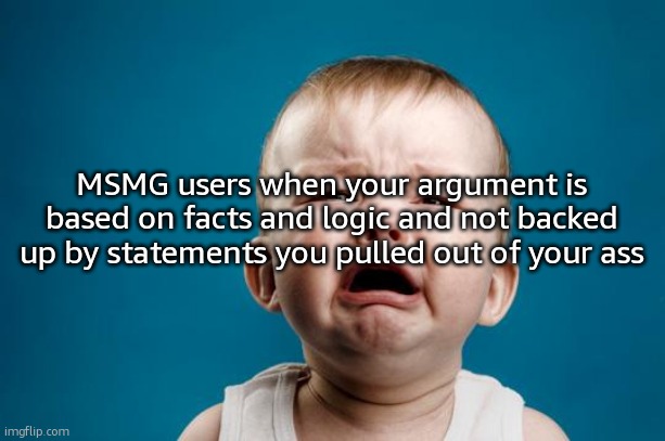 BABY CRYING | MSMG users when your argument is based on facts and logic and not backed up by statements you pulled out of your ass | image tagged in baby crying | made w/ Imgflip meme maker