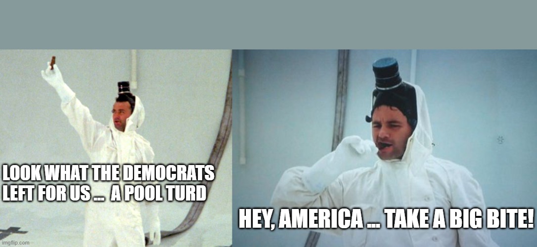LOOK WHAT THE DEMOCRATS 
LEFT FOR US ...  A POOL TURD; HEY, AMERICA ... TAKE A BIG BITE! | image tagged in caddyshack bill murray pool turd 2 | made w/ Imgflip meme maker