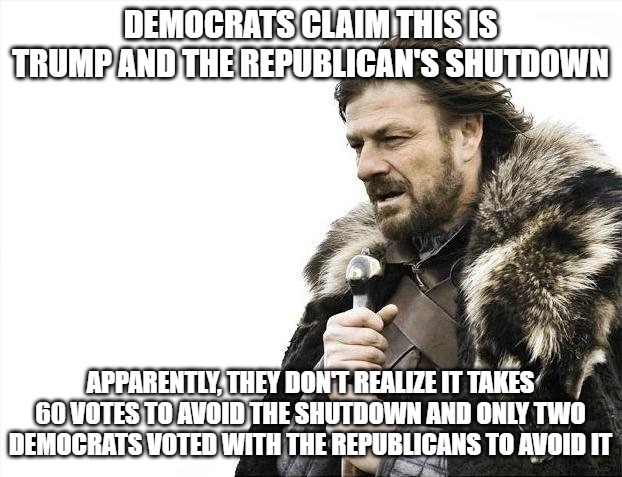 This is a Democrat shutdown. Anyone who believes otherwise, don't know how Senate voting works. Only 2 Dems voted with Repubs. | DEMOCRATS CLAIM THIS IS TRUMP AND THE REPUBLICAN'S SHUTDOWN; APPARENTLY, THEY DON'T REALIZE IT TAKES 60 VOTES TO AVOID THE SHUTDOWN AND ONLY TWO DEMOCRATS VOTED WITH THE REPUBLICANS TO AVOID IT | image tagged in memes,brace yourselves x is coming,democrats,democrats are liars,senate | made w/ Imgflip meme maker