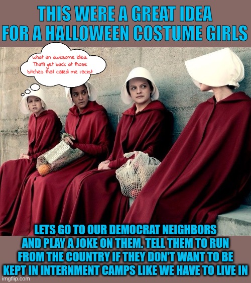 Causing More Mental Anguish for the fun of watching the Tik Tok videos | THIS WERE A GREAT IDEA FOR A HALLOWEEN COSTUME GIRLS; What an awesome idea. That'll get back at those bitches that called me racist; LETS GO TO OUR DEMOCRAT NEIGHBORS AND PLAY A JOKE ON THEM. TELL THEM TO RUN FROM THE COUNTRY IF THEY DON'T WANT TO BE KEPT IN INTERNMENT CAMPS LIKE WE HAVE TO LIVE IN | image tagged in handmaiden's tale | made w/ Imgflip meme maker