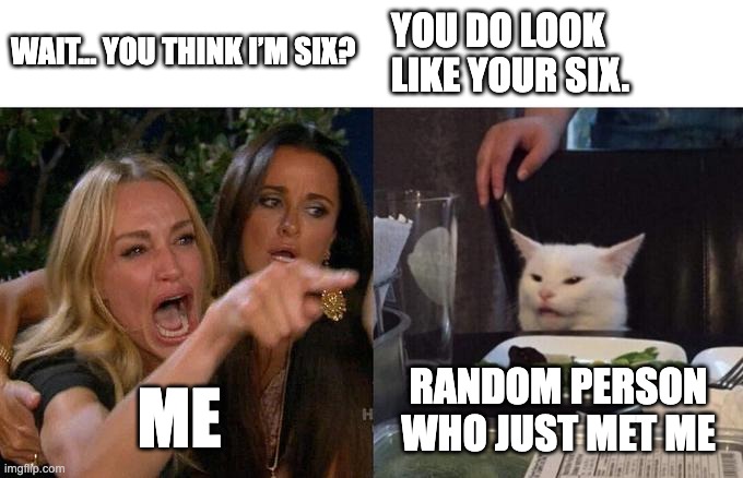 Woman Yelling At Cat | WAIT... YOU THINK I’M SIX? YOU DO LOOK LIKE YOUR SIX. RANDOM PERSON WHO JUST MET ME; ME | image tagged in memes,woman yelling at cat | made w/ Imgflip meme maker